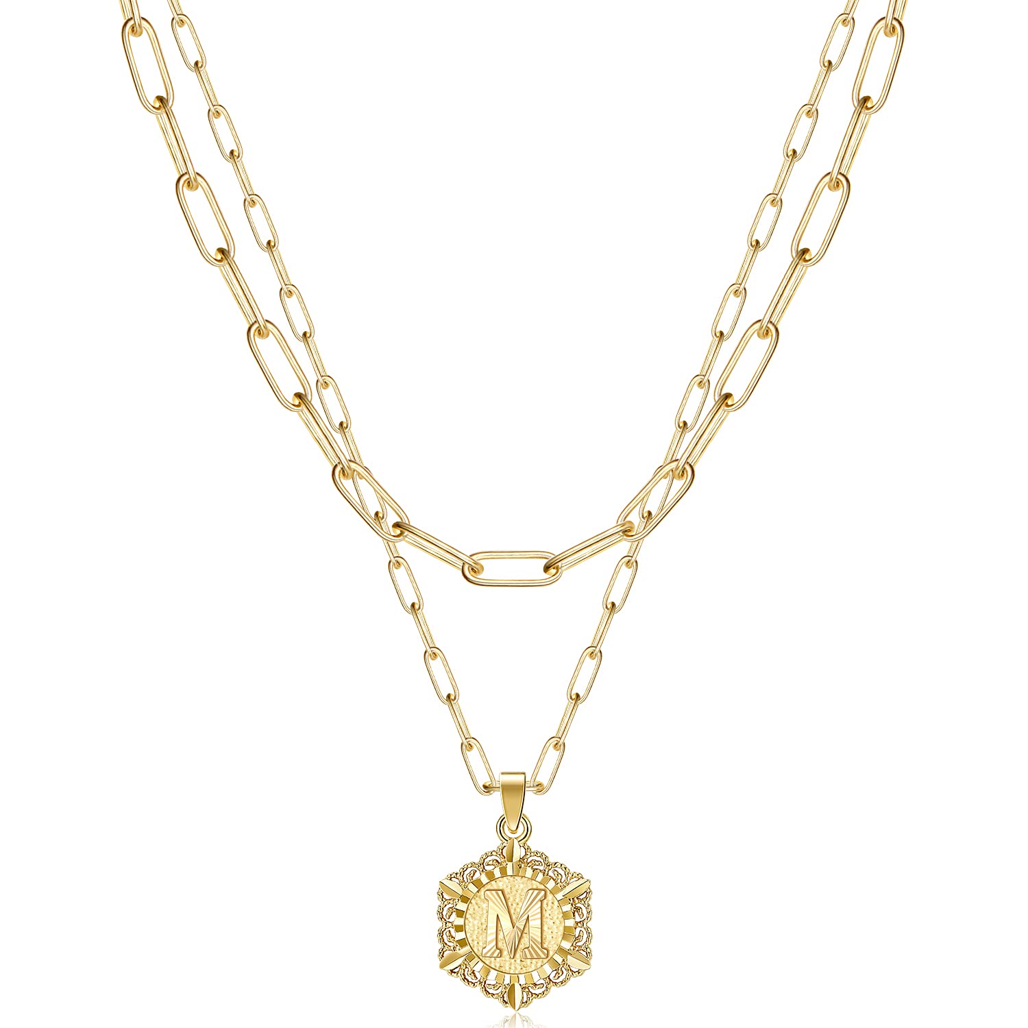 KissYan Initial Necklaces for Women, 14K Gold Plated Hexagon Letter Pendant Silver Chain Dainty Layered White Gold Paperclip Link Adjustable Capital A-Z Choker Necklace Trendy Jewelry Gifts