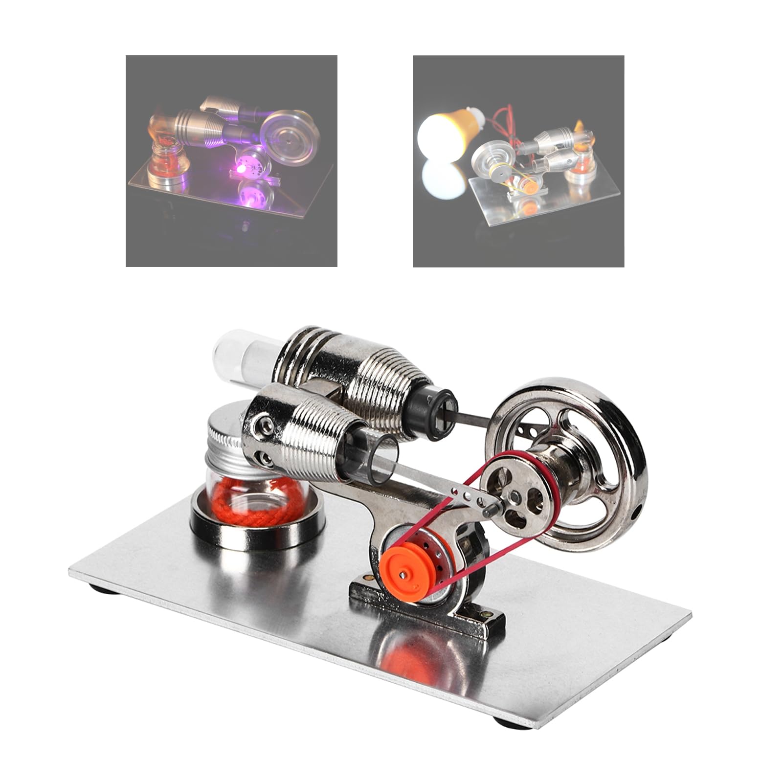 FAUOSWUK Hot Air Stirling Engine Model, Stirling Engine Motor Kit with 2 Cylinders and Lamp Stainless Steel Model Engine Kits Silver Stirling Engine Kit Mini Engine for Physics Model 21x14x11 cm