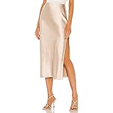 Skrtimory Womens Satin Silk High Waist Slit Midi Skirt Elastic Waistband Midi Skirts for Women