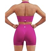 SUUKSESS Women Seamless Ribbed Workout Set Backless Sports Bra Booty Biker Short