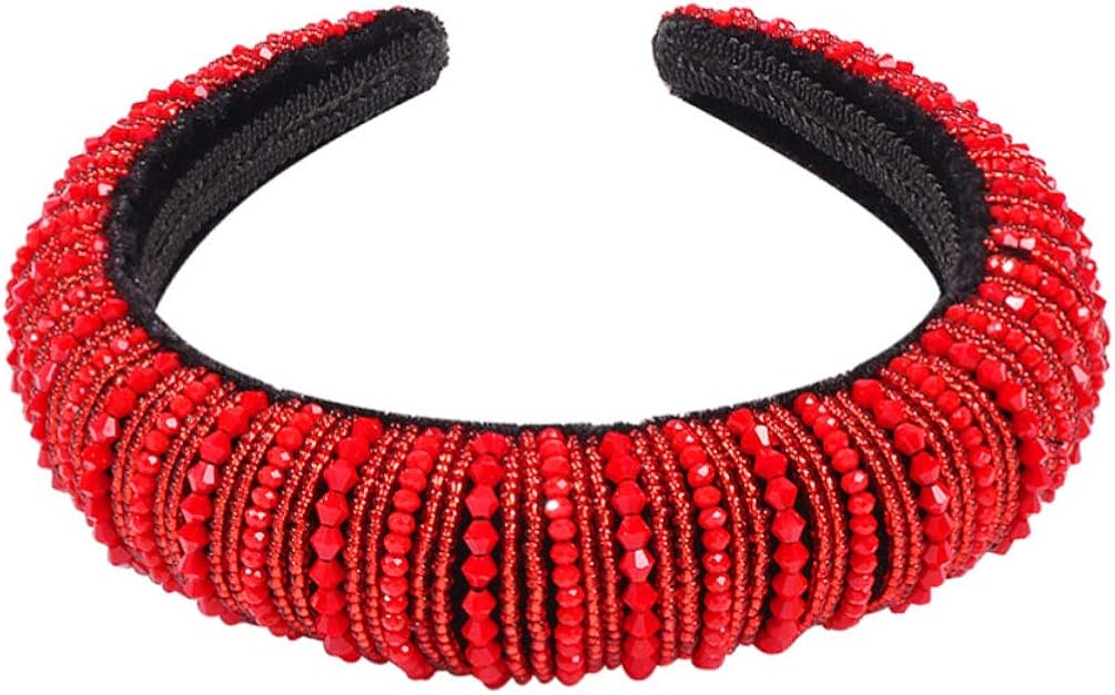 Lurrose Red Rhinestone Crystal Diamond Padded Headband Baroque Wide Glitter Crystal Beaded