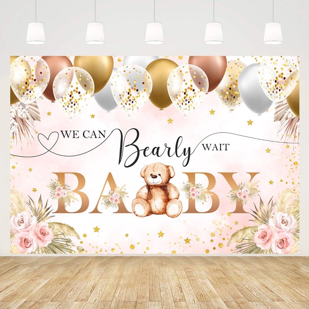 MEHOFOND 7x5ft Bohemia Theme Bear Baby Birthday Backdrop for Flowers We Can Bearly Wait Baby Shower Kids Party Photograthy Background Banner Balloon Gold Stars Floral Cake Smash Decor Photo Studio