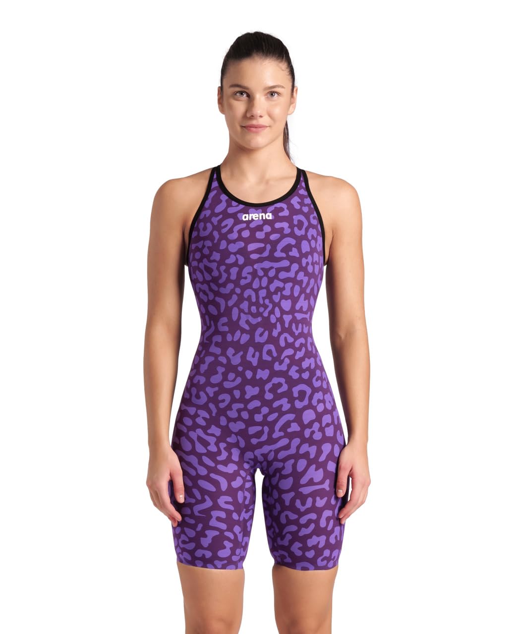 Photo 1 of ARENA Powerskin Carbon Air2 Kneeskin Closed Back Women's Racing Swimsuit Limited Edition Full Body Short Leg One Piece Athletic Tech Suit, Leopard Print Violet, US Size 22