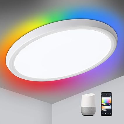 Oeegoo Lmpara LED de techo regulable con WiFi luz de fondo RGB 30W Smart LED plafn compatible con Google Home aplicacin y control por voz ultrafina 3 2 cm