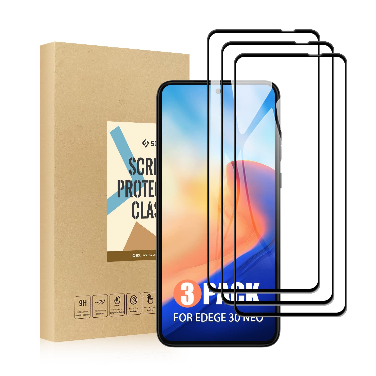 SCL Screen Protector Compatible with Moto Edge 40 Neo Screen Protector Motorola Edge 40 Neo Tempered Glass Film [3-Pack], [Full Coverage, Easy Installation, Bubble-free, 9H Hardness]