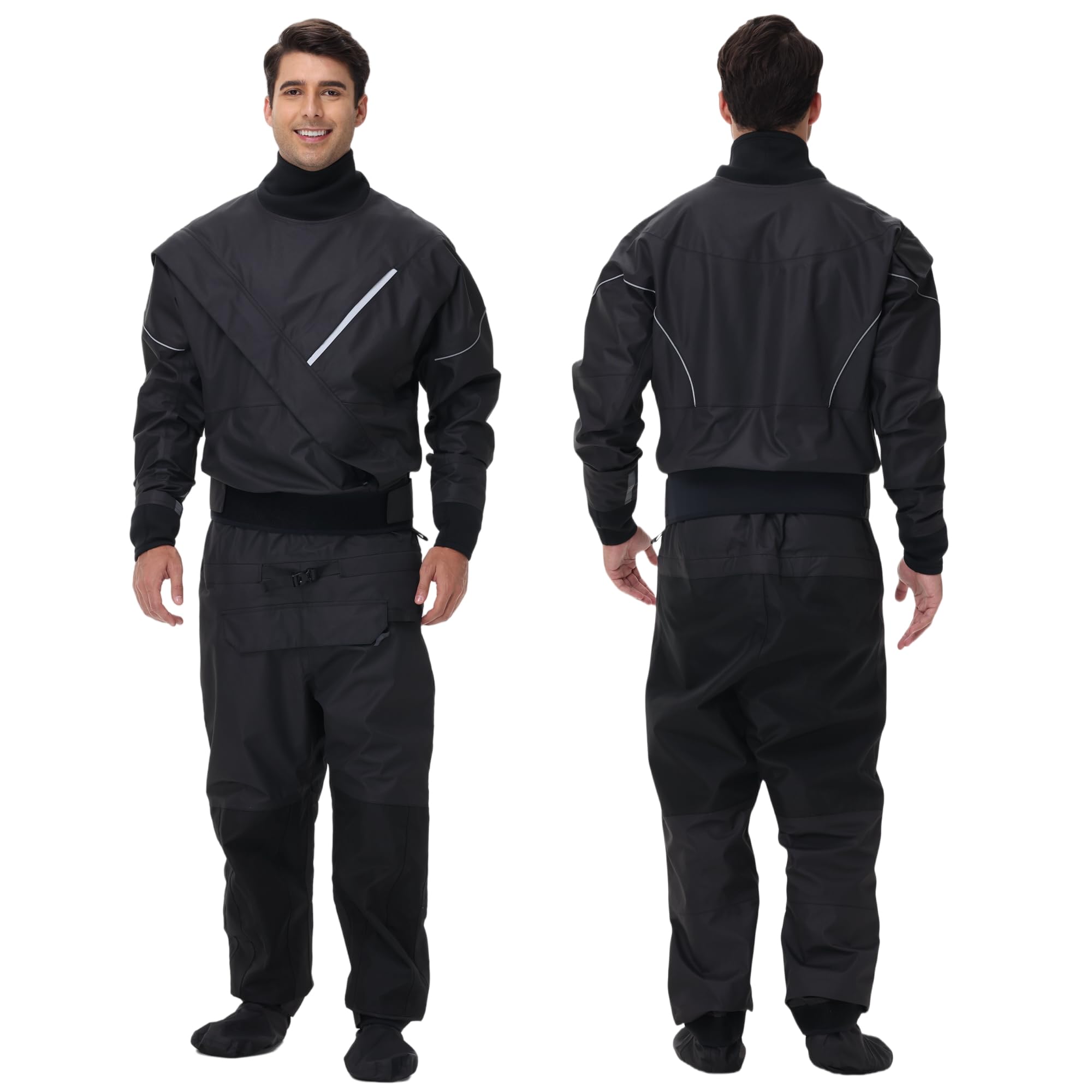 Photo 1 of PKEDW Dry Suits for Men,Front Zip for Sailing,Kayaking,Paddling with Reinforced Knees and Seat,Waterproof and Breathable (Black, Medium)