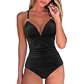RXRXCOCO Women V Neck One Piece Swimsuits Tummy Control Ruched Swimwear Halter Bathing Suit