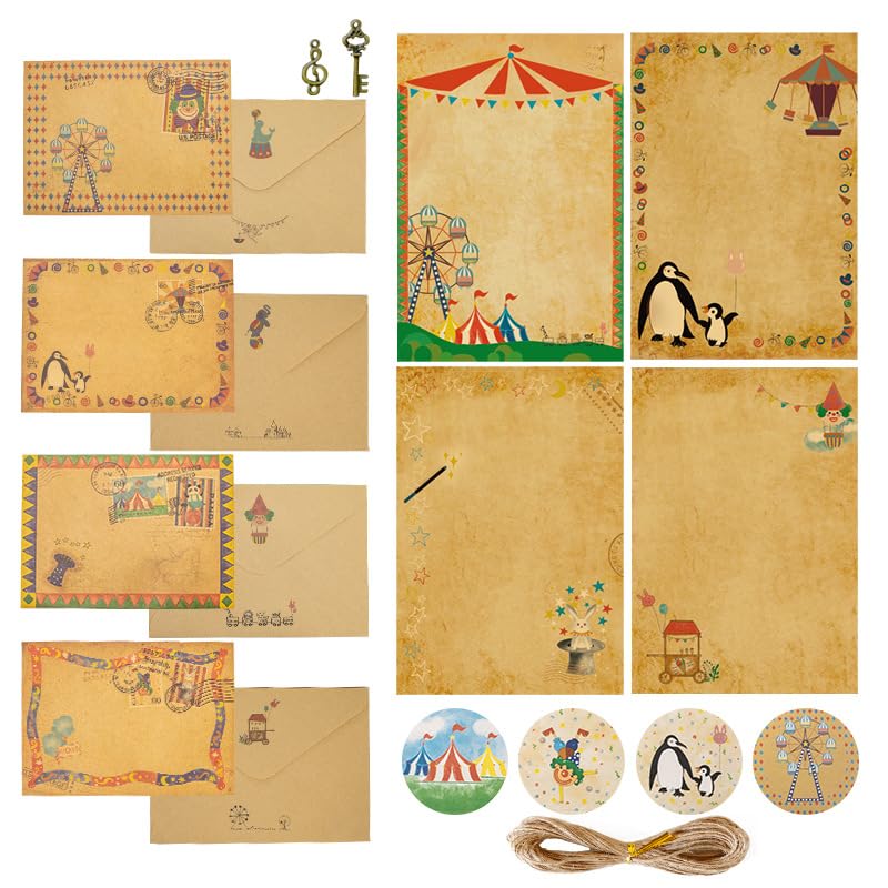 Vintage Writing Stationary Paper and Envelopes Set Includes 24 Sheets Circus Themed Writing Letter Kraft Paper 12 Envelopes 12 Sealing Stickers 12 Retro Accessories and 10m Rope for Festivals Events
