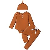 Dalukit 3PC Infant Baby Boys Romper Solid Ribbed Knitted Long Sleeve Long Pants and Hat Sets for Newborn Coming Home Outfit