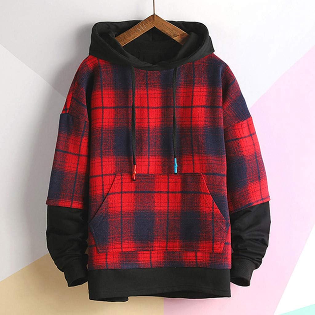 Mens Hoodies Tops Casual Plaid Print 