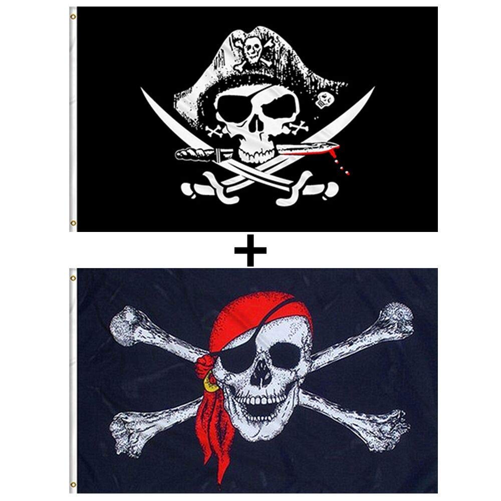 90x150cm 3x5 FT Pirate Flags Cross Knife Flag and Jolly Roger (Red Scarf) Flag 2 Pack