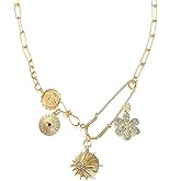 Charm Necklace for Women, Gold Plated Chunky necklace Evil Eye Sun Moon Flower Coin Pendant Necklace, Dainty Handmade Paperclip Chain Necklace Jewelry for Women