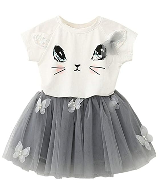 Kleider Mädchen, GJKK Kinder Mädchen Süss Katze Muster Kurzarm Crewneck Shirt Top Schmetterling Tutu Rock Set Kleidung Sommer