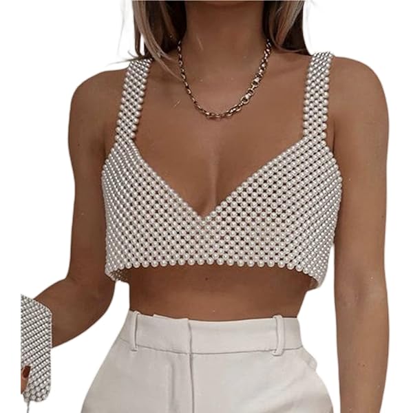 Women Sexy Pearls Beaded Cami Top Pearl Crop Top Spaghetti Strap