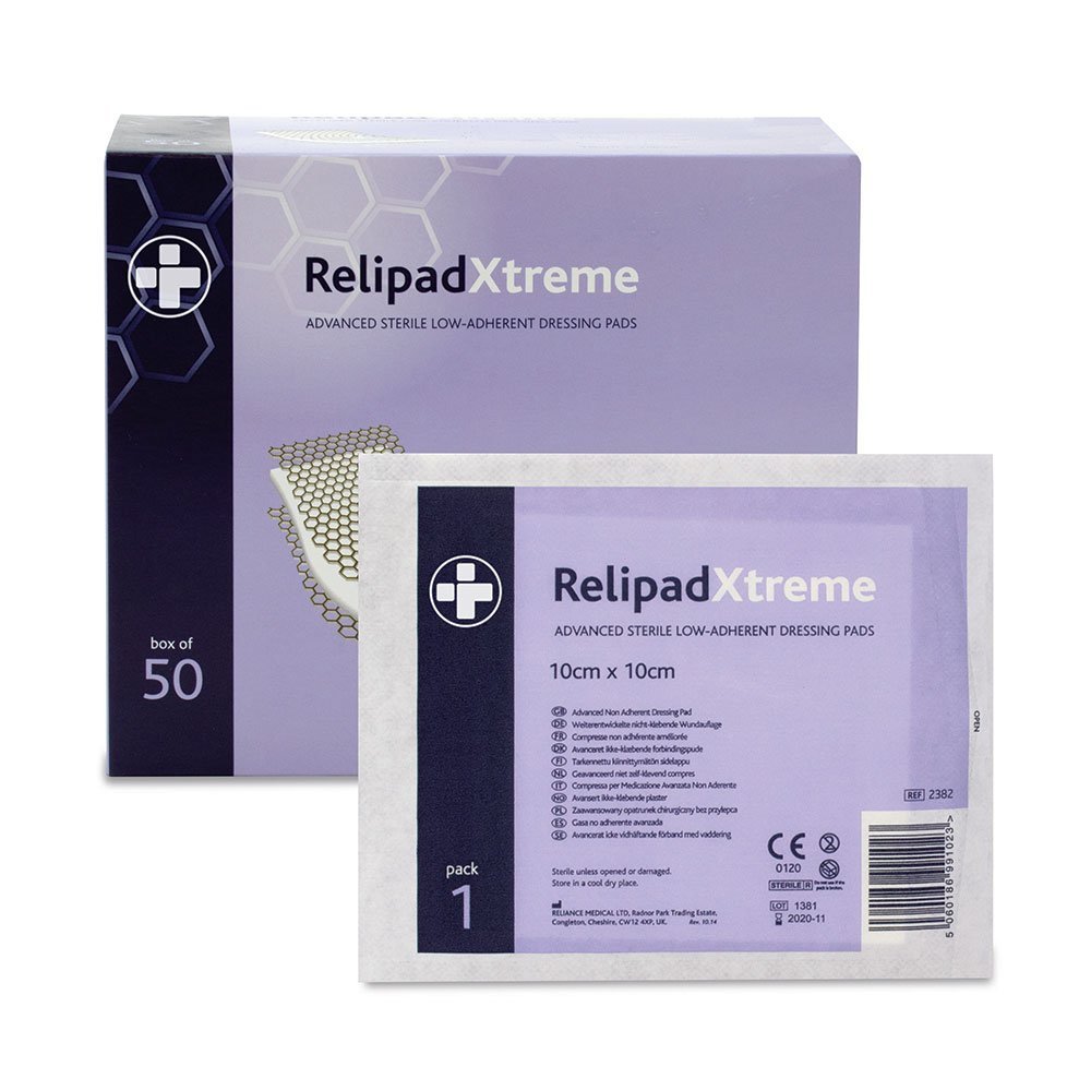 Reliance Medical Sterile Relipad Xtreme Low Adherent Dressing Pads - for Heavy Duty Use with Advanced Absorbency Technology, Double-Sided Design for Maximum Exudate Absorption 10 cm x 10 cm, Box of 50