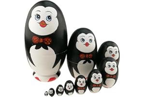 WINTERWORM Cute Animal Theme Penguin with Bowtie Egg Shape Wooden Handmade Nesting Dolls Matryoshka Dolls Set 10 Pieces for Kids Toy Birthday Home Kids Room Decoration