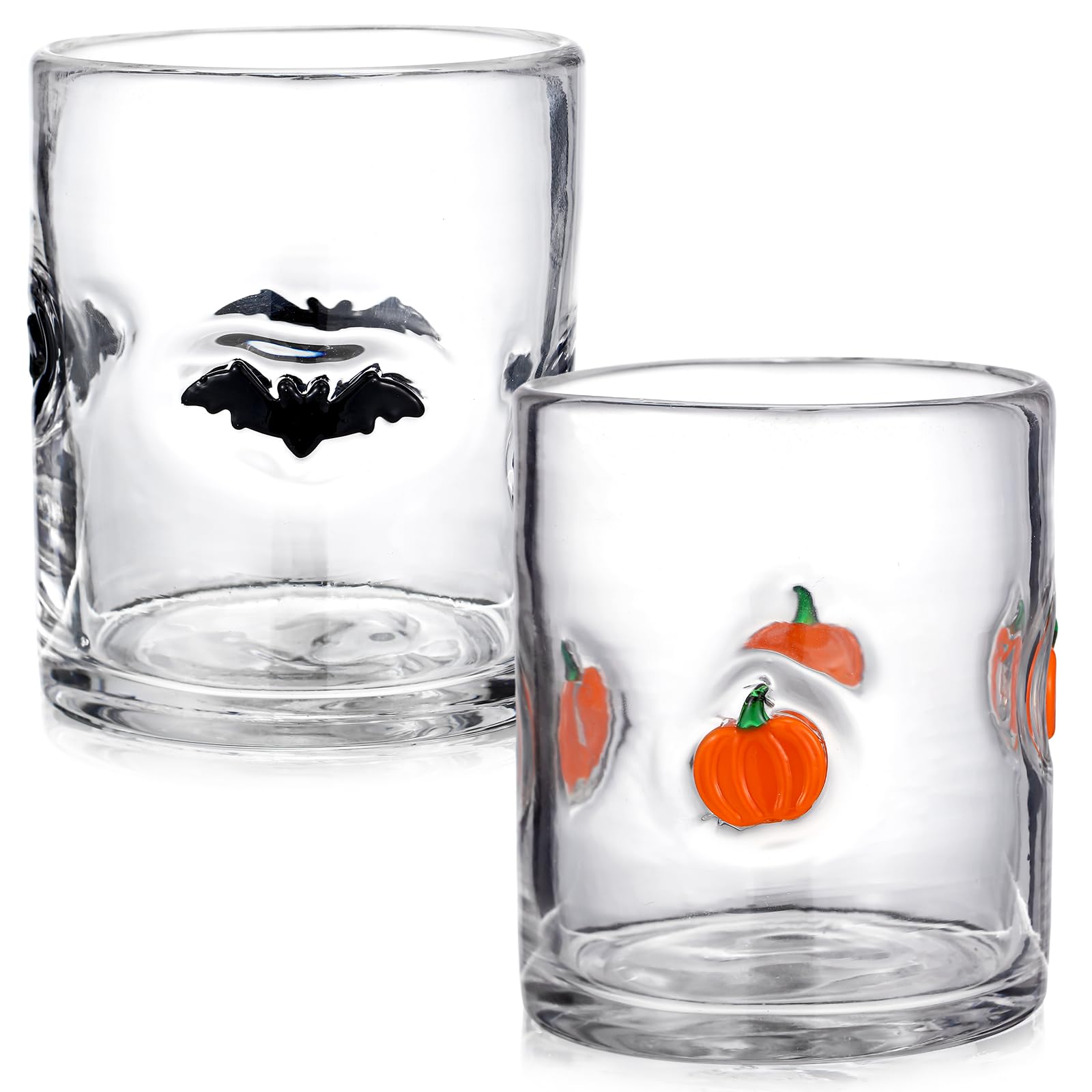 Photo 1 of Reallnaive 2 Pcs Halloween Icon Juice Glasses 14 oz Bat and Pumpkin Glass Cups Double Old Fashioned Hand Blown Drinking Cups for Halloween Party Decor Lovely Gifts