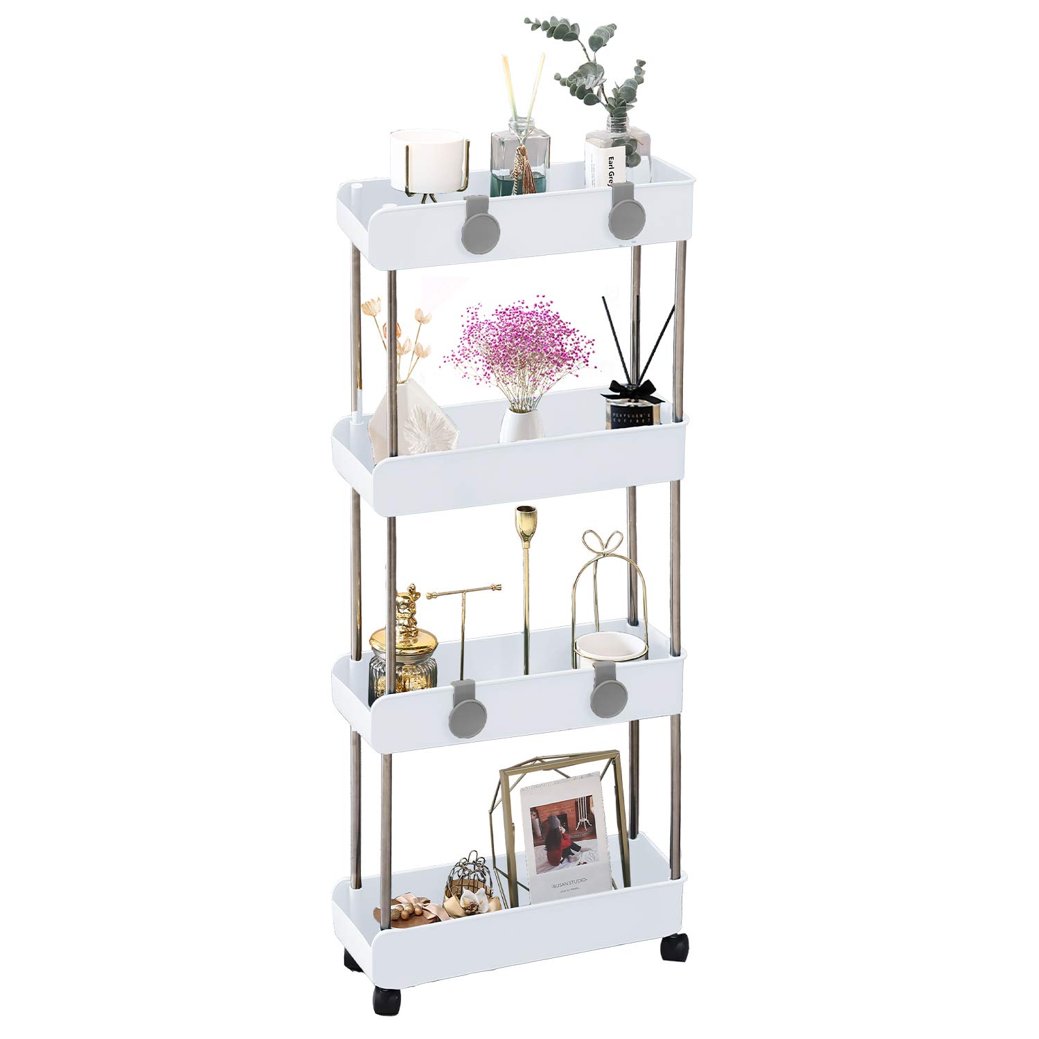 Photo 1 of Melody House 4-Tier Slim Mobile Shelving Unit on Wheels, Slide Out Rolling Bathroom Storage Organizer, Utility Carts Shelf Rack for Kitchen Bathroom Laundry Room Narrow Places, White