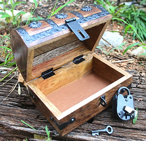 Well Pack Box Wooden Small Pirate Treasure Chest Box 6.5" x 4.5" x 4.5" With Black Hasp Latch Includes Master Padlock & Vintage Skeleton Keys - Thumbnail 2