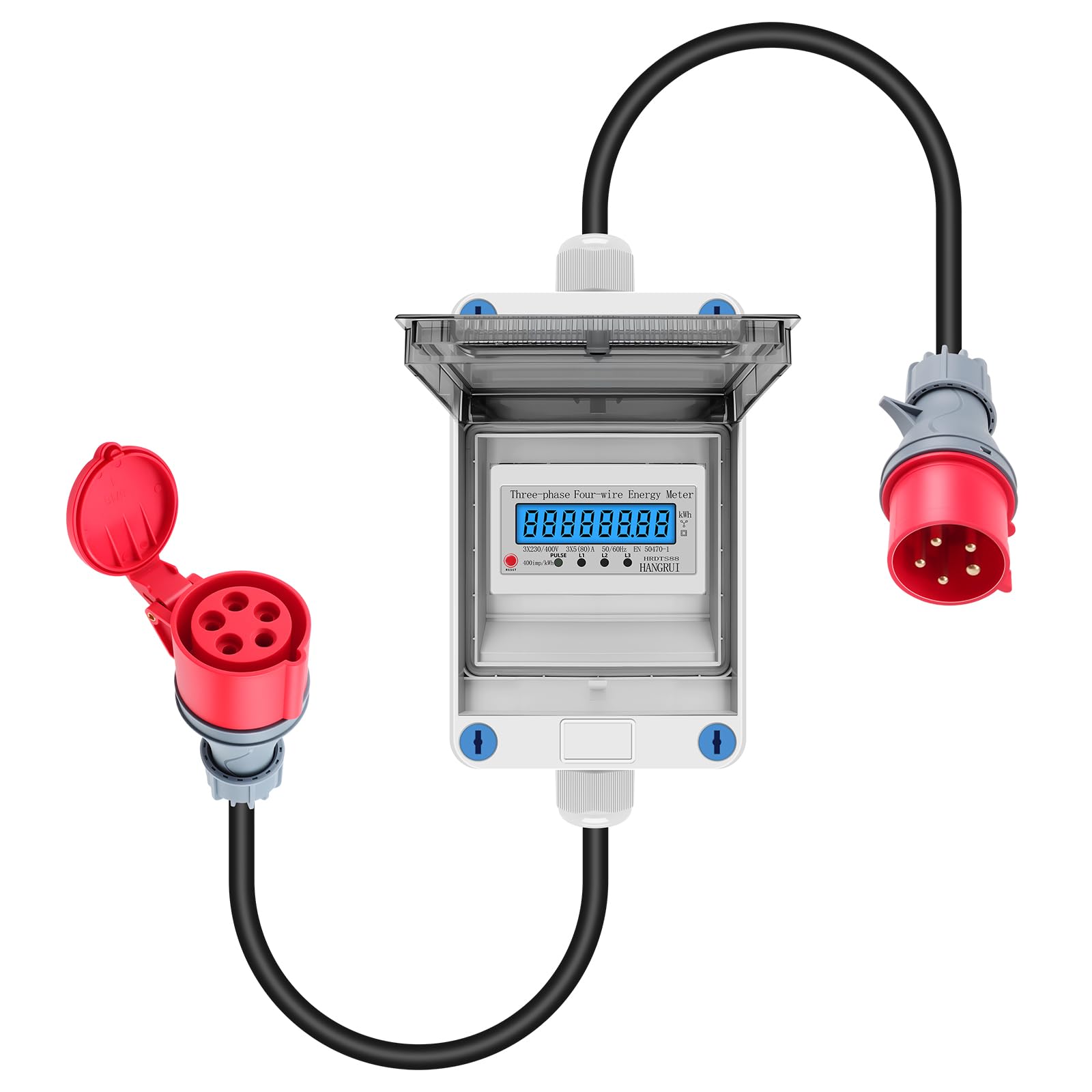 3 Phasen Mobiler Stromzähler, 16A 400V Mobiler Digitaler Stromzähler Mit CEE Stecker und Kupplung, Mobiler Digitalzähler Mit Mit Rückstellfunktion, 2m Kabel, IP68 Steckdosenadapter Zähler