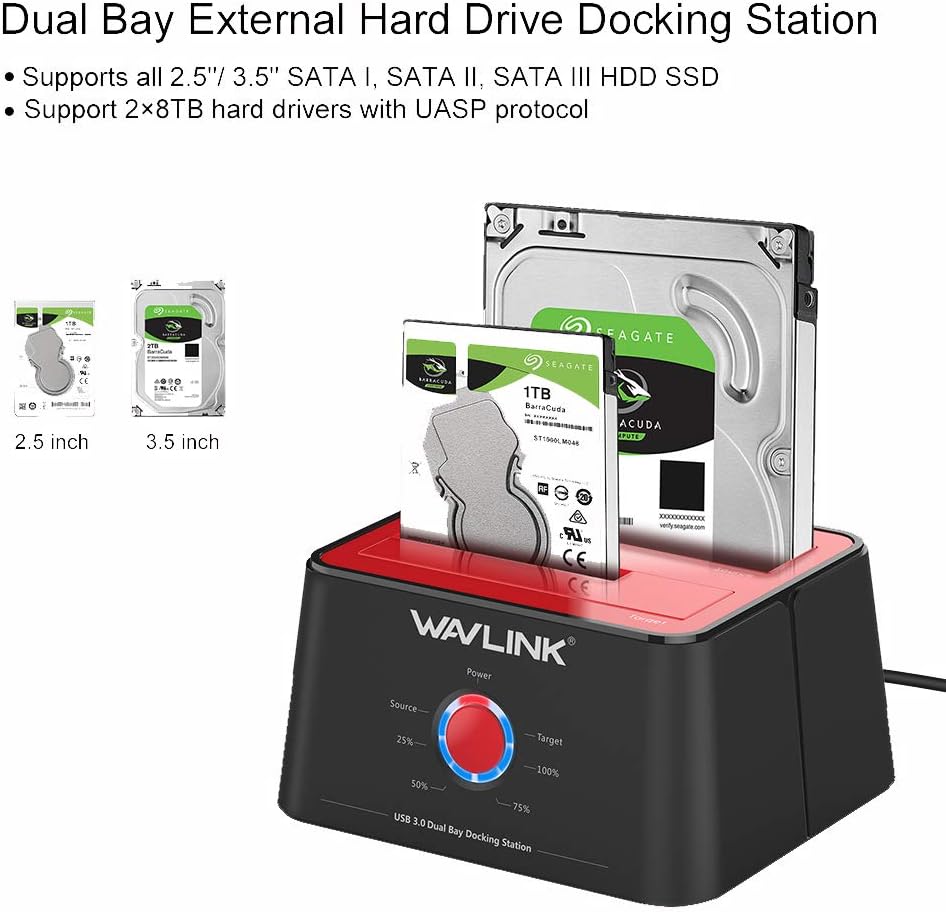 WAVLINK USB 3.0 to SATA I/II/III Dual-Bay External Hard Drive Docking Station for 2.5/3.5 Inch HDD/SSD with UASP(6Gbps) /Offline Clone Duplicator Function (2x16TB) - Image 3
