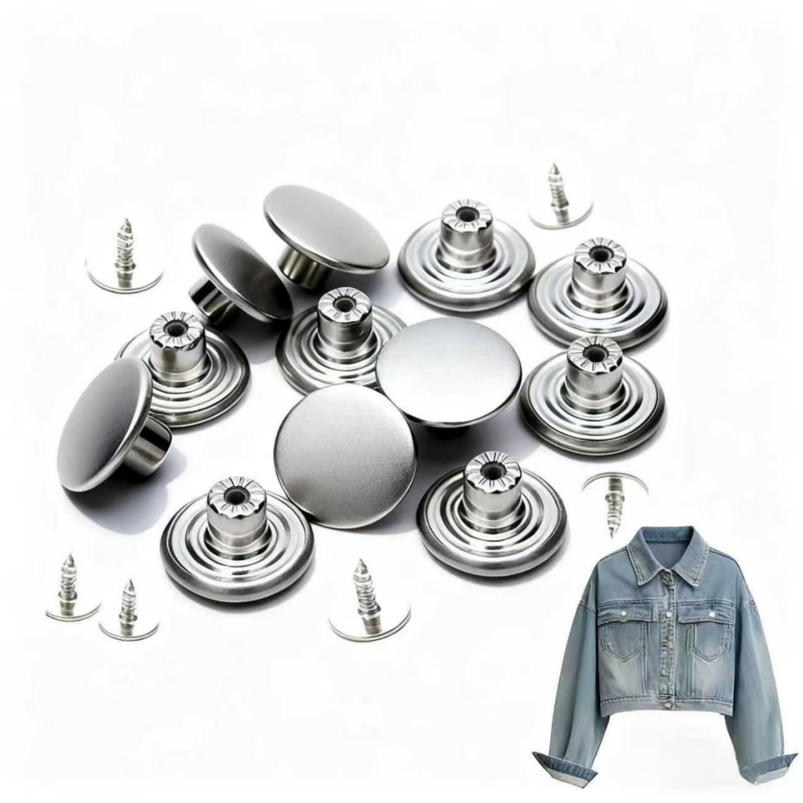 17mm Jeans No-Sew Metal Tack Replacement Kit 12 Set, Silver Buttons Jean Buttons, Button Fix for Trouser Jeans Matte Silver