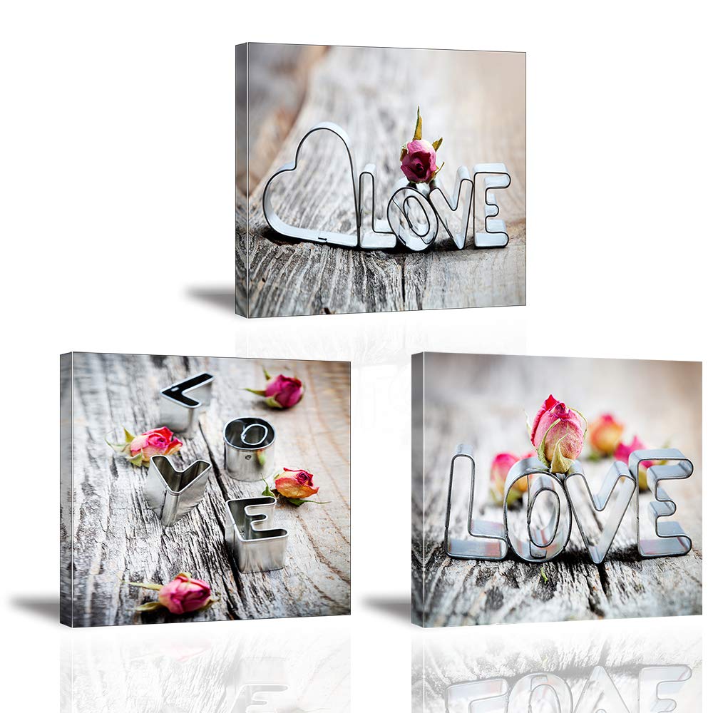 Piy Painting Canvas painting 3 Panel LOVE and Roses Prints on Canvas, Wall Art Pictures Rose Flowers Posters with Frame Image Ready Hanging Decor Arts for Living Room Bedroom Birthday Gift 30x30cm