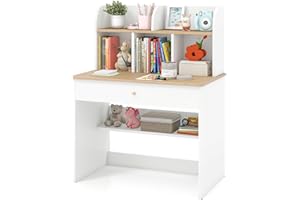 HONEY JOY Kids Desk, Wooden Children School Study Table with Hutch, Pull-Out Drawer, Storage Shelves, Student Writing Desk Co