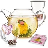 Teabloom Eternal Love Teapot – Glass Teapot (36 oz), Heart-Topped Lid, Glass Loose Leaf Tea Infuser + 2 Gourmet Blooming Teas - Thermal Shock Resistant - Stovetop Safe