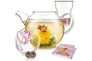 Teabloom Eternal Love Teapot – Glass Teapot (36 oz), Heart-Topped Lid, Glass Loose Leaf Tea Infuser + 2 Gourmet Blooming Teas - Thermal Shock Resistant - Stovetop Safe