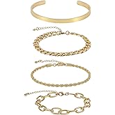 4pcs Waterproof Link Cuff Herringbone Bracelet, Dainty Stackable Gold Cuff Chain Chunky Gold Layer Bracelets, Chunky Stack Jewelry Cuban Link Paperclip Chain for Women