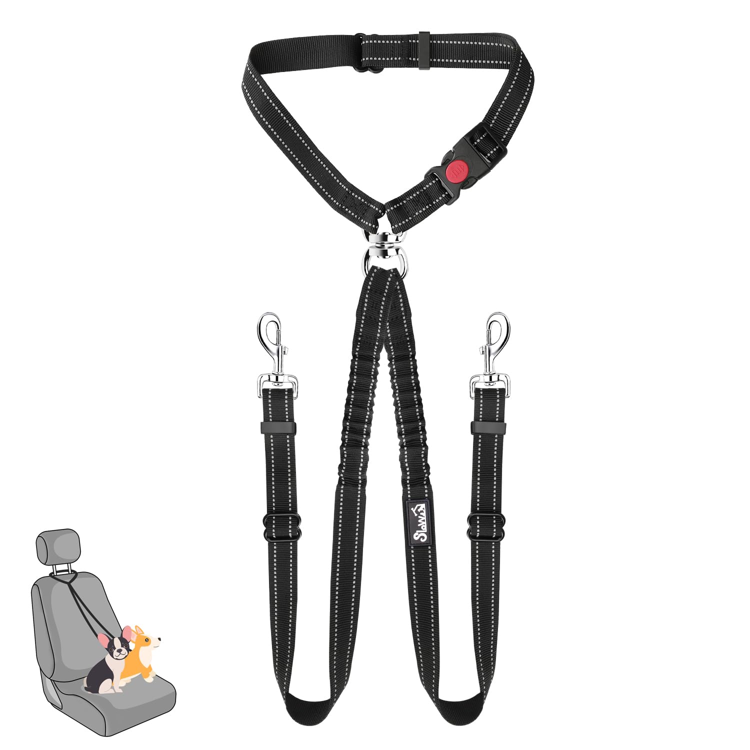 SlowTon Double Dog Seat Belt, New Dual Pet Car Headrest Restraint Safety Seatbelt No Tangle Dog Leash Duty Adjust Elastic Bungee Puppy Lead Splitter Connect Harness in Vehicle Travel for 2 dog (Black) — image 1