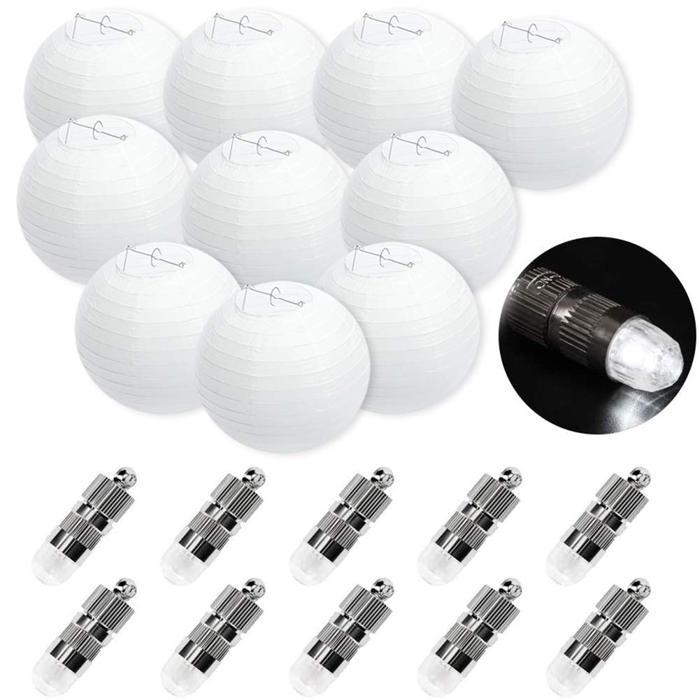 FullBerg ® Paper Lanterns 15 cm White Lanterns + 10 Warm White Mini LED Balloons Lights, Round Lampshade Wedding Party Decoration Paper Lamps 6 Inches