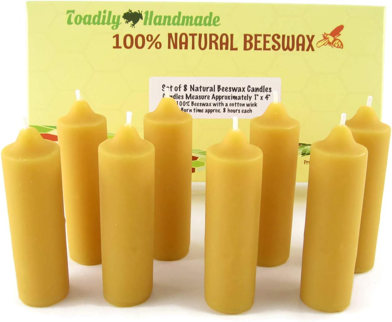 Eight (8) Hand Poured Solid Beeswax Candles in Natural - Each Candle Measures Approximately 1" x 4" - 100% Beeswax Candles by Toadily Handmade - Made in The USA