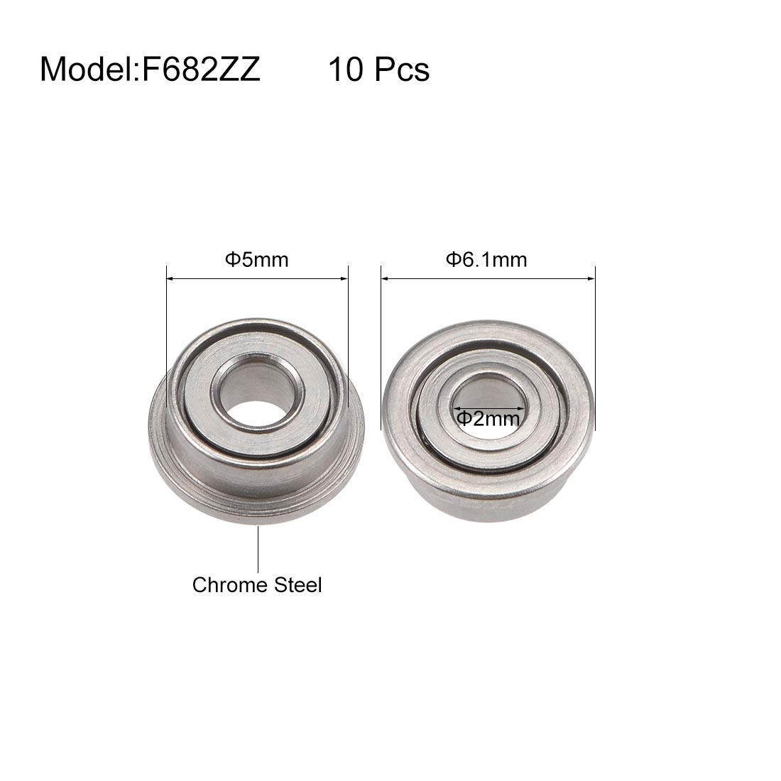 sourcing map F682ZZ Flanged Ball Bearing 2x5x2.3mm Shielded Chrome Steel Flange Rip Bearings 10pcs, F682ZZ (10Qty) - Image 3