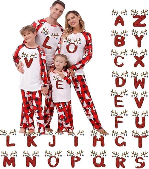 HOOUDO Christmas Pjs Family Set A-Z Letters Graphic Xmas Pyjamas Nightwear Matching Christmas Pjs Sleepwear Loungewear Pajamas Family Outfits