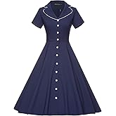GownTown Women's 1950s Vintage Short Sleeves Notch Lapel Swing Dress