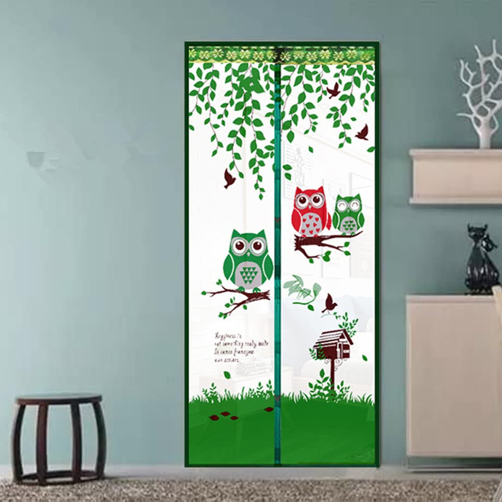 Magnetic Door Screen Fly Screen Door Bug Mesh Curtain High Density Automatically Mesh Door Nets 35" x 83" Easy Install (90 * 210cm, Owl-Green)