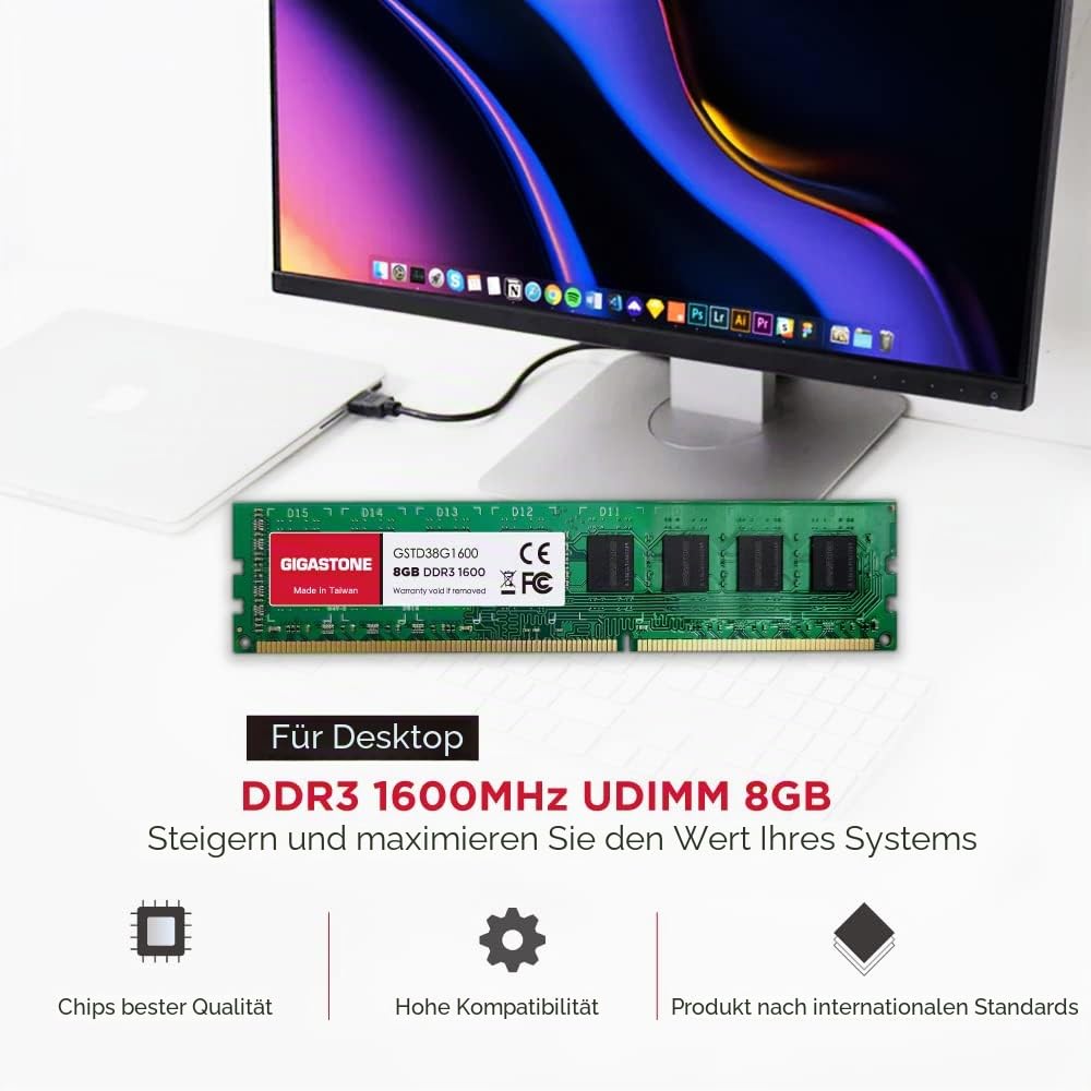【DDR3 RAM】 GIGASTONE 32GB Kit (4x8GB) DDR3/DDR3L 1600MHz (1333MHz) PC3-12800 (PC3-10600) CL11 1.35V/1.5V 2Rx8 UDIMM 240 Pin Nicht-ECC ungepuffert PC Desktop Hochleistung Arbeitsspeicher Upgrade 2