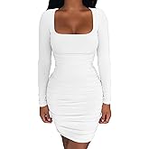 Kaximil Women's Sexy Bodycon Ruched Mini Club Dress Long Sleeve Basic Casual Dresses