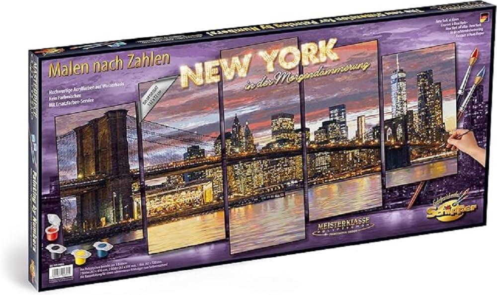 Schipper 609450806 Painting by Numbers - New York at Dawn - Painting Pictures for Adults, Includes Brush and Acrylic Paints, Master Class Polyptych - Professional Edition, 132 x 72 cm