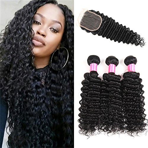 Malaysian Deep Wave 3 Bundles with Closure 4X4 inch Free Part Unprocessed Virgin Human Hair Deep Curly Bundles with Lace Closure (8" 1pc)
