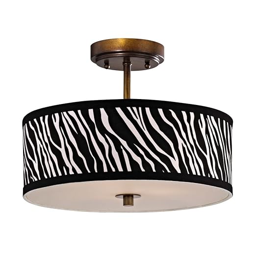 Zebra Print Flushmount Ceiling Light With Drum Shade And Bronze