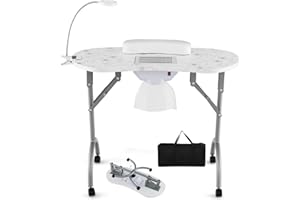 S AFSTAR Portable Nail Table, 35" Foldable Manicure Table with Electric Dust Collector, Bendable LED Lamp, Carry Bag & 4 Lockable Wheels, Professional Nail Desk Nails Salon Station (White)