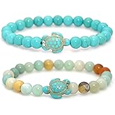 Wovanoo 2 Pieces Beads Bracelets for Women Natural Stone Bracelet Turquoise Turtle Bracelet Adjustable Stretch Beaded Bracelets
