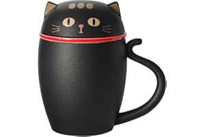 HEER Ceramic Teacup with Infuser and Lid，Cute Cat Tea Mug with Filter for Steeping Loose Leaf, Office Coffee Mug Gift for Cat Lover. (Cute Cat Teacup - Black)