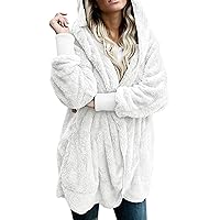 Women Hooded Cardigan Fuzzy Jacket Winter Open Front Fleece Coat Outwear with Pockets