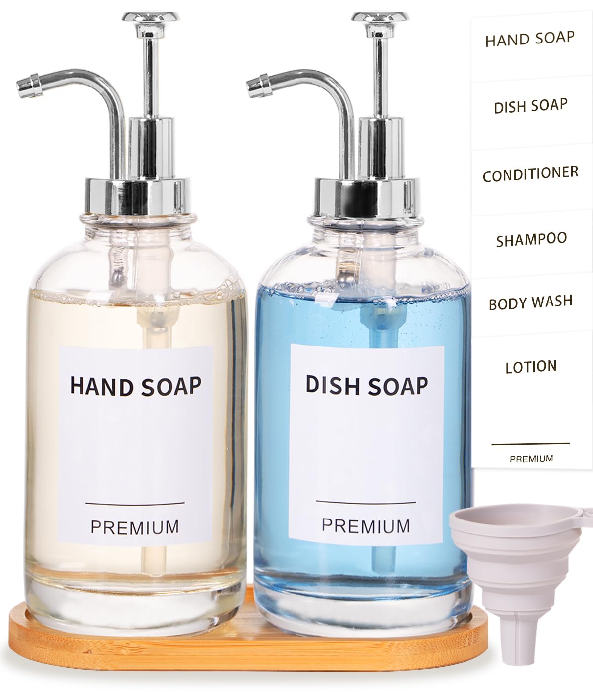 Photo 1 of Dish Soap Dispenser for Kitchen, Hand Glass Soap Dispenser Set with Pump, Tray, Funnel for Bathroom, Shower, Laundry, Liquid, Lotion (Silver 2 Pack 18 Oz Clear Bottles with 12 Stickers)