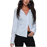 Women Slim Fit Button Down Striped Shirt Long Sleeve Fitted Button Up Shirt Vintage Y2K Pinstripe Collared Blouse