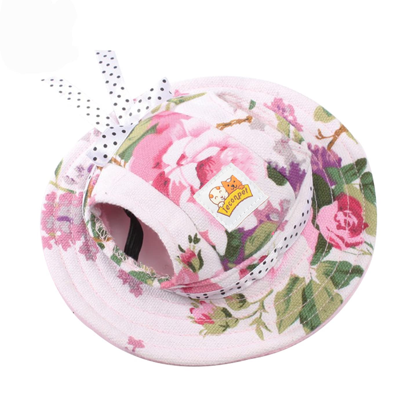 Leconpet Princess Pet Hat Dog Caps Hats with Neck Strap Adjustable Comfortable Ear Holes for Small Medium Dogs in Outdoor Sun Protection (Colour Flower, L)